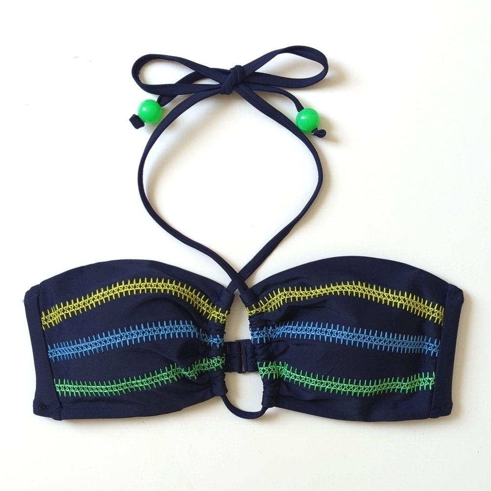 Aerie Classic Embroidered Halterneck Keyhole Bandeau Swimsuit Bikini Top Navy M